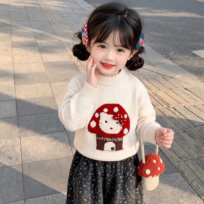Girls' Mushroom Pullover Sweater Autumn/Winter 2026 New Style Toddler Thickened Knitwear Warm Versatile Base Layer Top