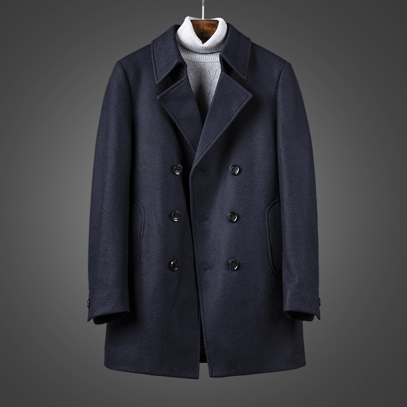Áo khoác len nam dày phần dài mùa đông mới ve áo hai hàng khóa kinh doanh áo len ấm áp giản dị cardigan nam