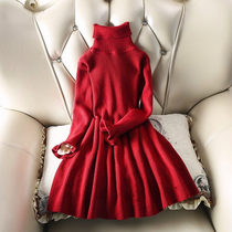 Girls sweater dress with long-style knitted cardiovert dress thickened 2021 new baby Childrens autumn and winter clothing Ocean Gas Tide