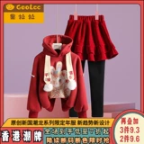 Детский красный комплект, утепленная толстовка, зимняя юбка для девочек, подходит для подростков