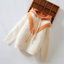Girl knit with hoodie sweatshirt with velvet plus suede thickened 2022 new autumn and winter childrens sweater sweatshirt