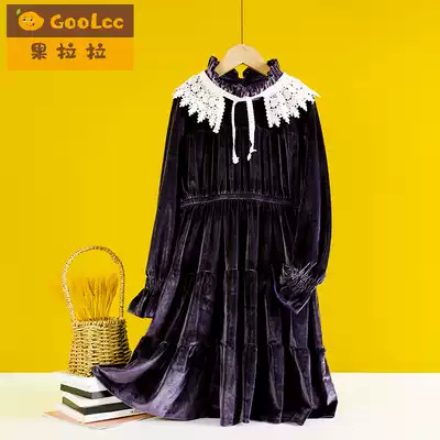 Girls dress autumn 2021 autumn dress new foreign school children Medium-length dress golden velvet Christmas dress dress winter
