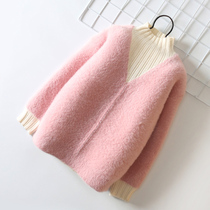 Girls sleeve hooded sweater ferret with velvety thickened foreign air hit bottom-knit cardiovert baby 2021 autumn winter new children