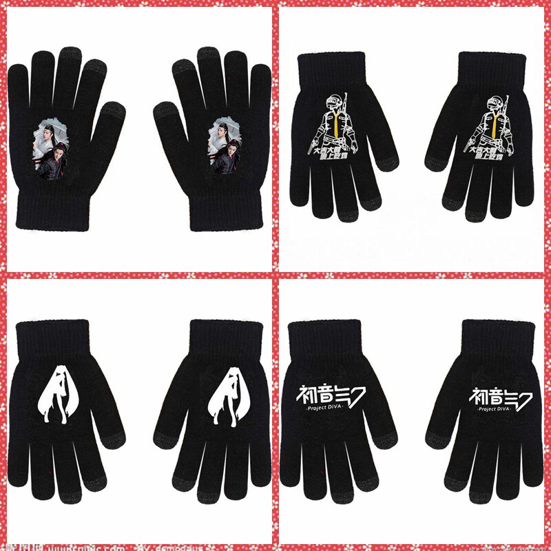 Early sound future miku eat chicken cartoon Cartoon Around Perimeter Cartoon Quadratic Meta Total Finger Gloves Black Thickening Non-slip 