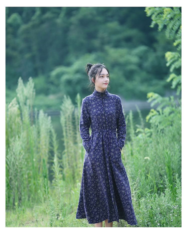 Mùa xuân và mùa thu dài tay chà nhám dài ăn mặc cotton tươi văn học retro nhỏ floral dress mùa xuân váy dài váy váy yếm suông dài