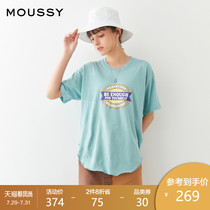 MOUSSY 2021 spring and summer new loose curved hem letter offset printing short-sleeved T-shirt 028ES790-0040