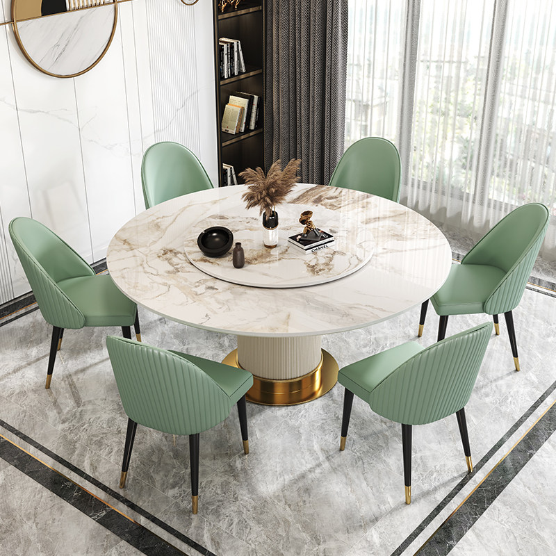 Light luxury dining table bright slate round table turntable modern minimalist high-end leather table home round dining table and chairs
