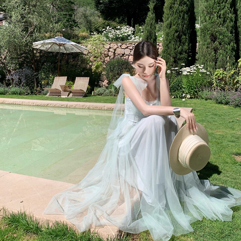 Green Mesh Suspender Dress for Women, Summer Seaside Vacation Atmosphere, Elegant Long Dress