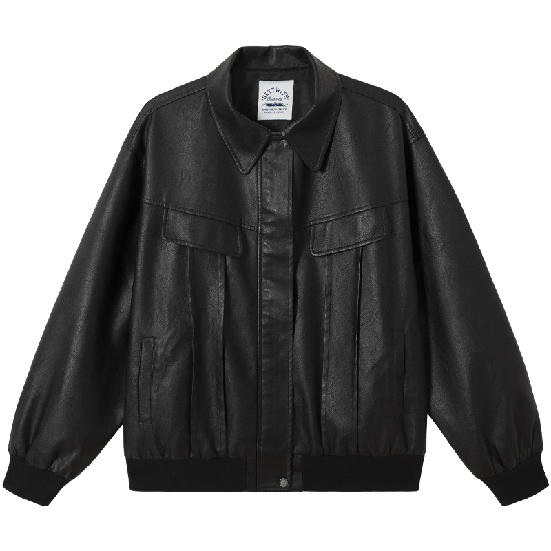 Bettwith24Aw Japanese Retro Distressed Leather Jacket with Three-Dimensional Pleated Pockets, Winter Warm Pu Leather Coat for Men