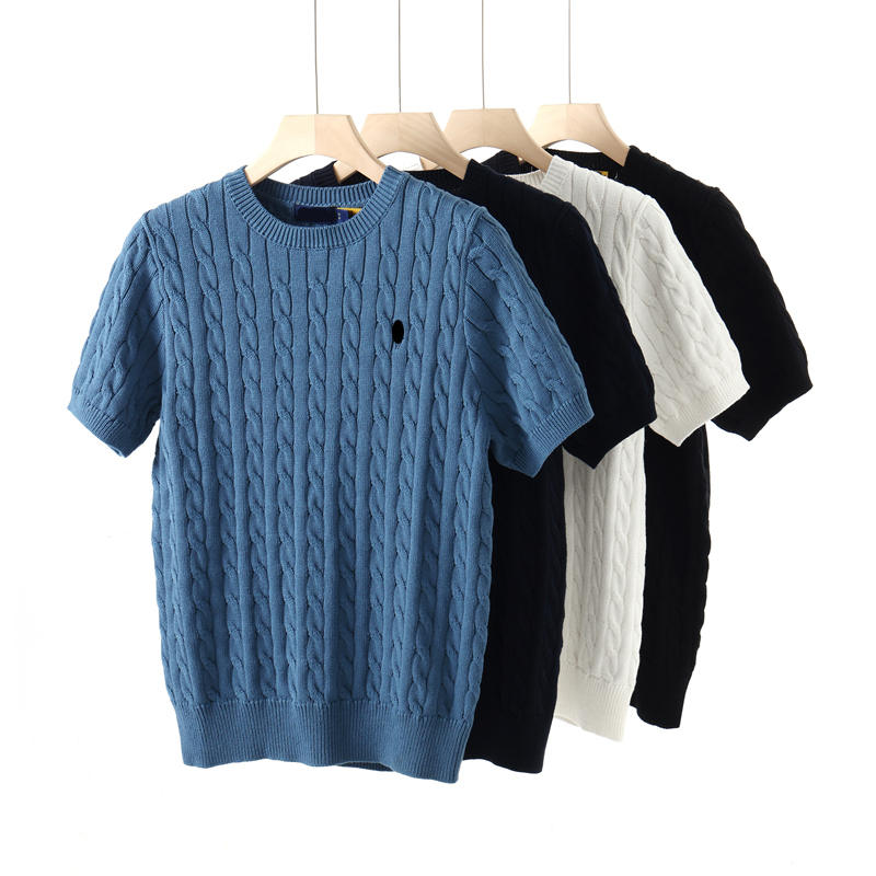 Spring and Summer New Twisted Knit Men's Round Neck Short-Sleeved Thin Sweater, Youth Casual Short-Sleeved Men's Pony Logo Knitwear