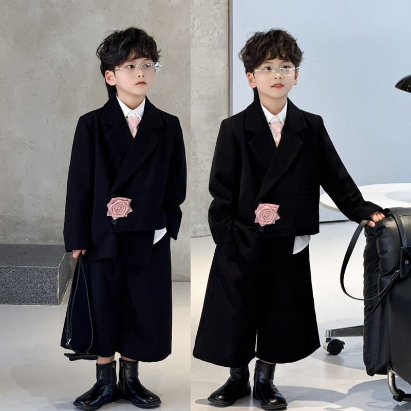 Trendy Boys' Suit Set 2026 Spring Collection High-End Children's Black Casual Blazer Model Runway Fashion Outfit