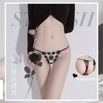 Sexy Dingy Pants Hollowed-out Lace Fire Spicy Petals Embroidery Open Crotch Spice Pants Woman Temptation Transparent Beauty Butt T Pants