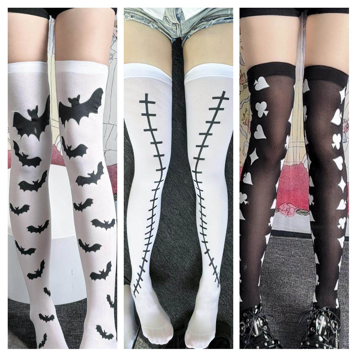 Halloween cosplay bat print thigh-high socks, Japanese Harajuku gothic style, quirky and unique white stockings over-the-knee socks, black stockings