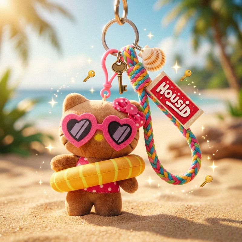 Japan Housid Hawaii Yellow Swimming Ring Black Leather Kt Bag Pendant Keychain Plush Doll Toy Birthday Gift