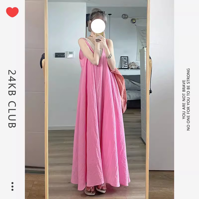 Pink Fairy-Like Spaghetti Strap Dress for Women, Summer 2025 New French Style, This Year's Popular Sweet Vacation Style Long Dress