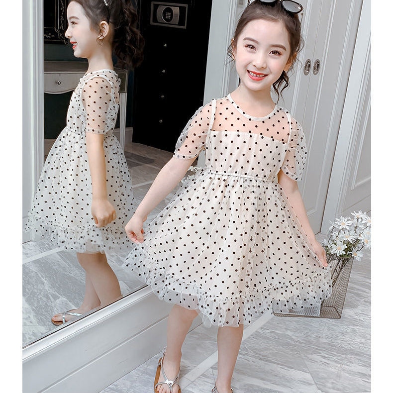 Off Whitegirl Dress summer wear 2021 new pattern children Korean version Wave point Foreign style Princess Dress summer girl Netting skirt