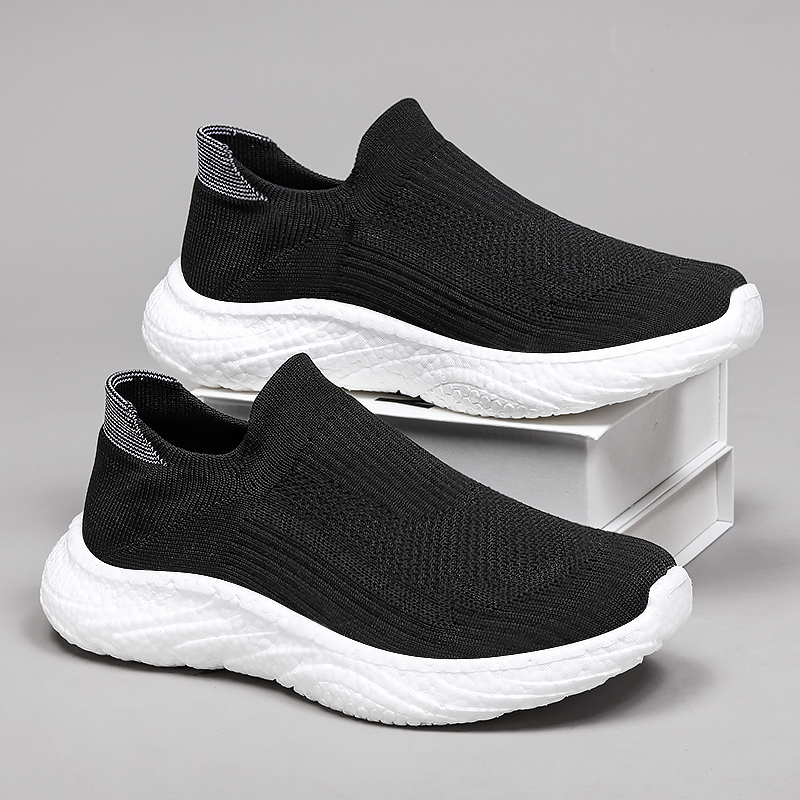 Men's Summer Breathable Slip-On Black Mesh Shoes, Fly-Knit Mesh Sports Running Shoes, Casual Soft-Soled Trendy Shoes for the Elderly