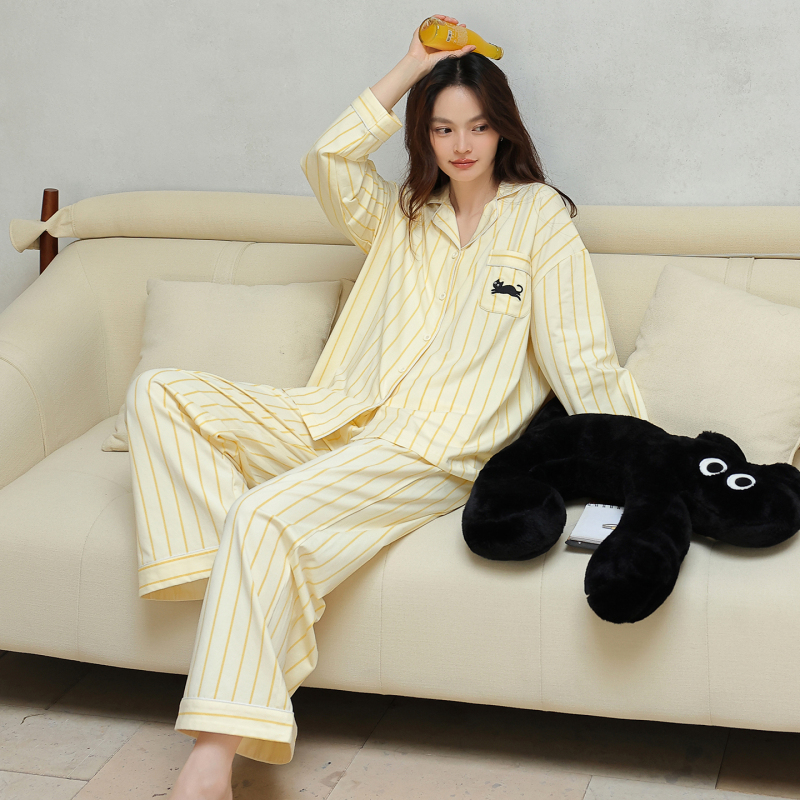 Spring and Autumn Plus Size Women's Pure Cotton Pajamas Cream Yellow Fat mm Sunny Stripes ins Set Little Cat Embroidery 100kg Loungewear Spring and Autumn Plus Size Women's Pure Cotton Pajamas Cream Yellow Fat mm Sunny Stripes ins Set Little Cat Embroidery 100kg Loungewear