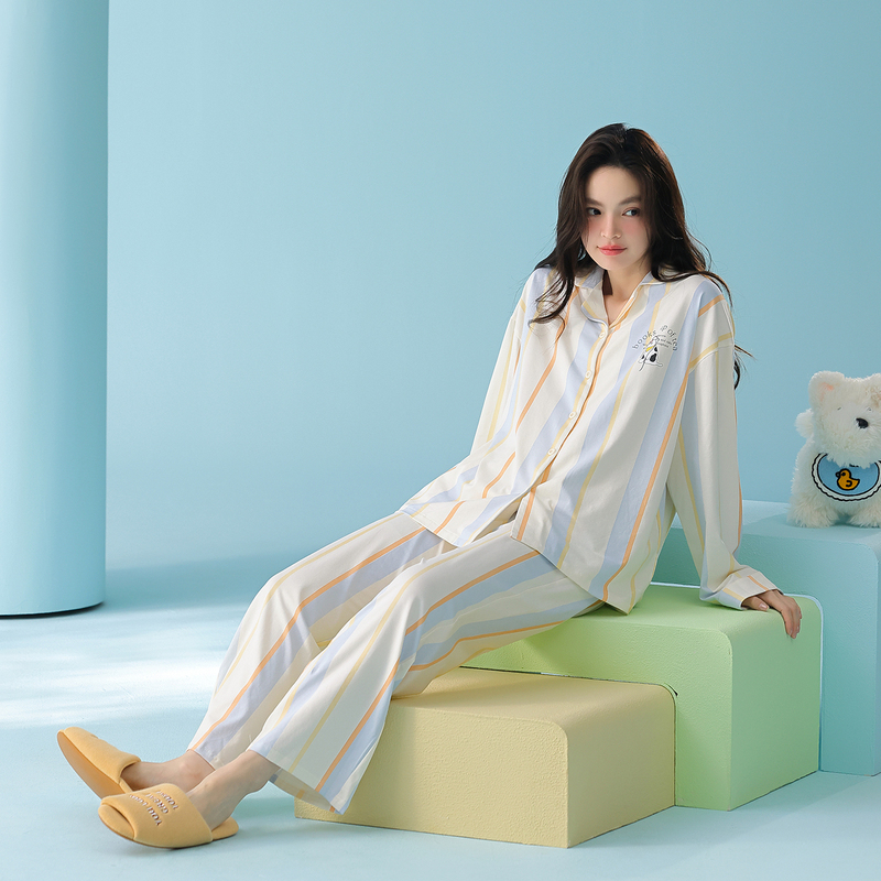 Women's Plus Size Pajamas Spring and Autumn Pure Cotton Fat mm Blue and White Striped Set 100kg Cartoon Puppy Oversized Loungewear