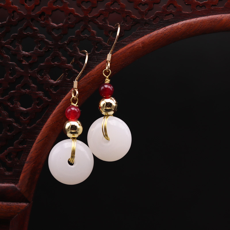 White Glazed Green Button Earrings Temperament Ancient Wind China Wind Ear Pendant Simple 100 Hitch Ear Pin Hanfu Ear Clip