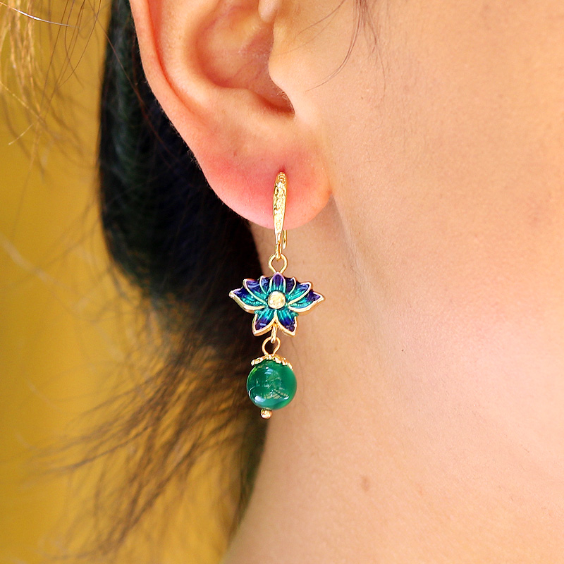 Chinese landscape Thai blue lotus green onyx earrings temperament elegant and versatile ethnic earrings earrings antique earrings