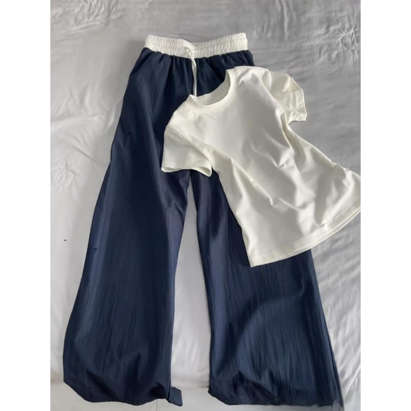Korean-Style Simple Summer Outfit for Women, White Regular Shoulder Slim-Fit Short-Sleeve T-Shirt Paired with High-Waisted Casual Wide-Leg Pants Two-Piece Set