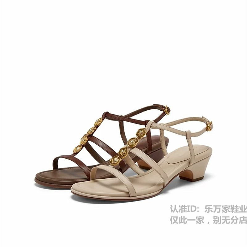 The Same Style as the Gold Coast 2026 Summer New Leather Chain Chunky Heel Fashion Sandals Roman Sandals for Women Yb106Bl6