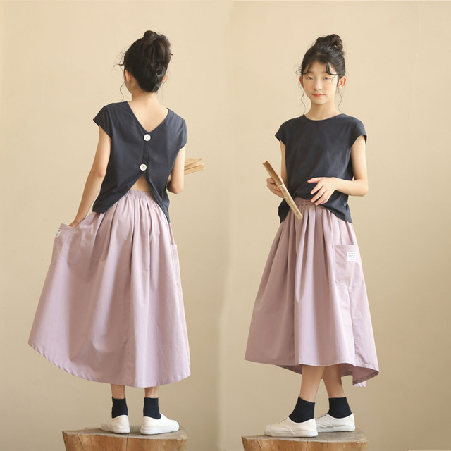 Summer style Japanese girls' irregular skirt with pockets big children's big swing skirt taro purple half skirt children's long skirt