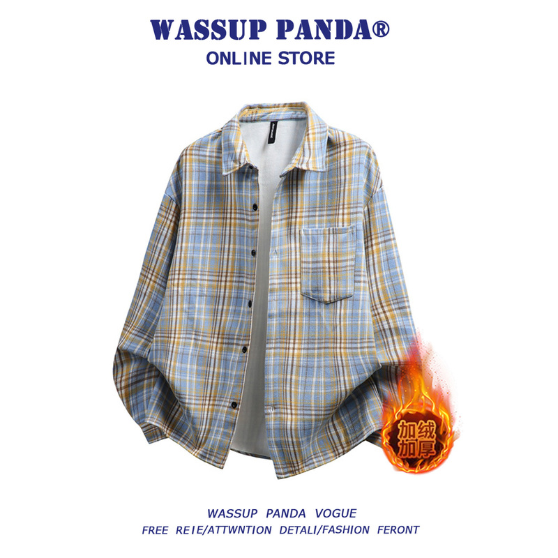 Wassup Panda Fleece-Lined Plaid Long-Sleeved Shirt Men's Autumn and Winter Retro Casual Thickeneded Warm Shirt Jacket Wassup Panda Fleece-Lined Plaid Long-Sleeved Shirt Men's Autumn and Winter Retro Casual Thickeneded Warm Shirt Jacket