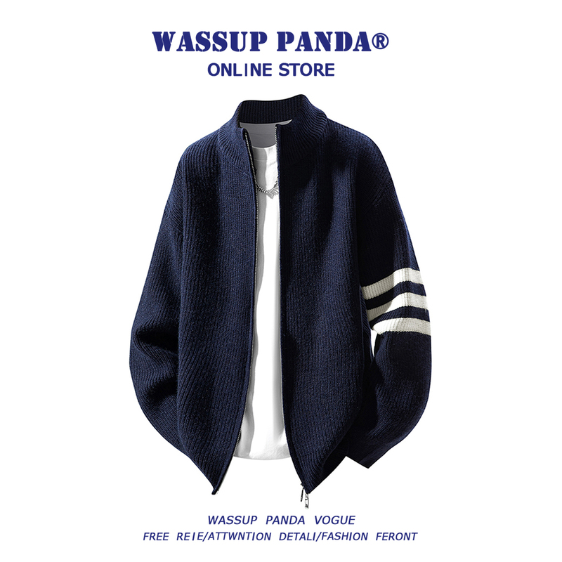 Wassup Panda Double Zipper Stand Collar Cardigan Sweater for Men, New Autumn Striped Lazy Style Knitwear Jacket Wassup Panda Double Zipper Stand Collar Cardigan Sweater for Men, New Autumn Striped Lazy Style Knitwear Jacket
