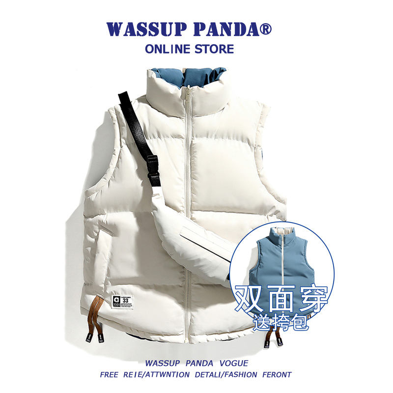 Wassup Panda Trendy Reversible down Jacket Vest for Men, Autumn and Winter Thickened Couple's Sleeveless Cotton Coat
