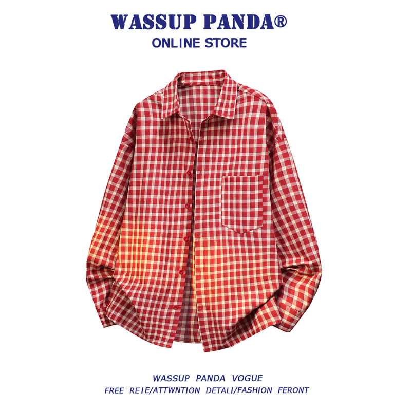 Wassup Panda Red Plaid Shirt Men's Spring and Autumn American Retro High Street Casual Couple's Lapel Shirt