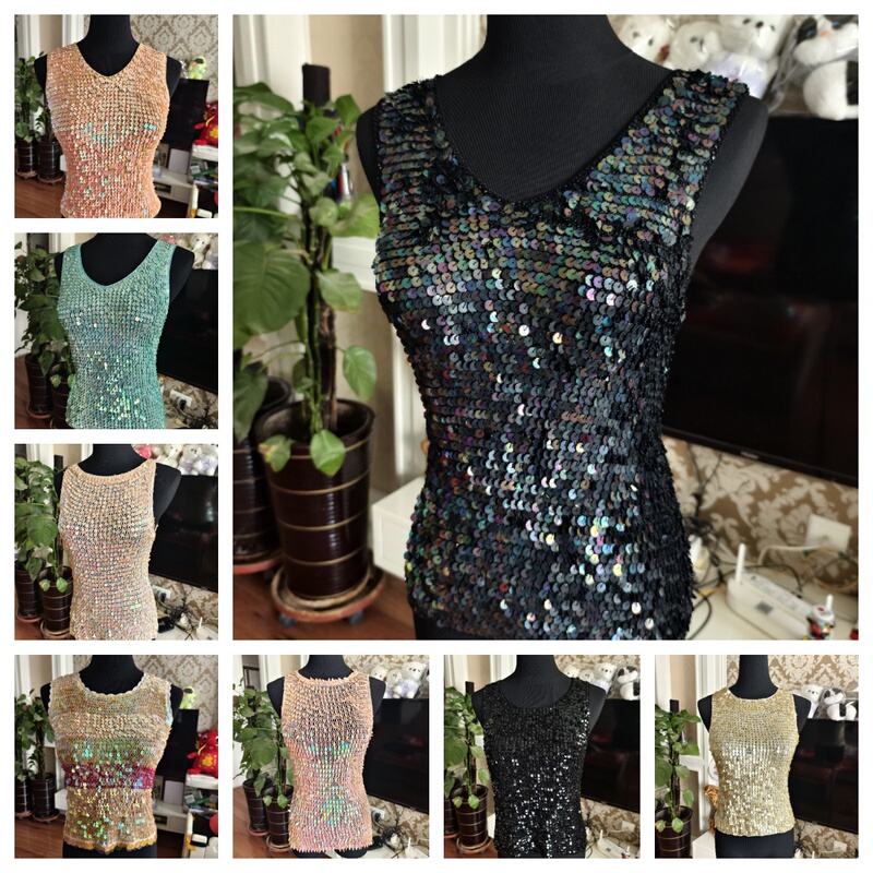 European and American Street Style Bling Super Shiny Neon Sequins Handmade Beaded Hollow Vintage Sweet Versatile Camisole