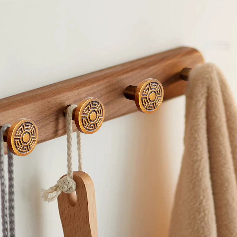 Walnut Wood Coat Hook, Strong Load-Bearing Adhesive Hook, Chinese-Style Retro Coat and Hat Hook, Wall-Mounted, No-Drill, Entryway Solid Wood Row Hook