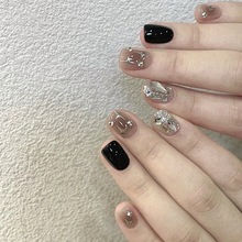 Handmade customized wearing of manicure products, fake nail stickers, wearing nail patches, black broken diamonds, white display, 2024 New Year's short style