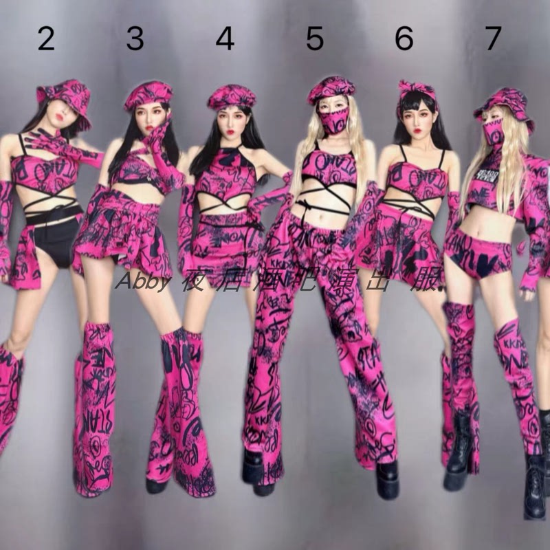 Girl Group Style Rose Red Letter Print Performance Outfit for Women, Stage Performance Sexy Outfit, Dsgogo Performance Outfit Girl Group Style Rose Red Letter Print Performance Outfit for Women, Stage Performance Sexy Outfit, Dsgogo Performance Outfit