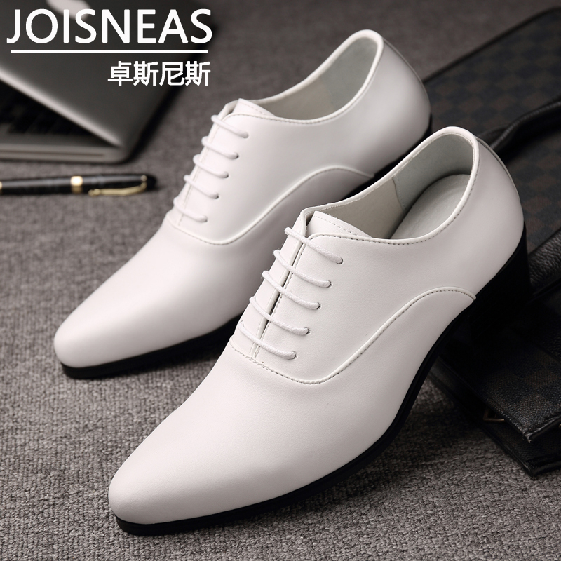 Pointed Leather Shoes for Men, Spring and Summer New Style, White Business Formal Lace-Up Leather Shoes, British Fashion High-Heeled Genuine Leather Men's Wedding Shoes