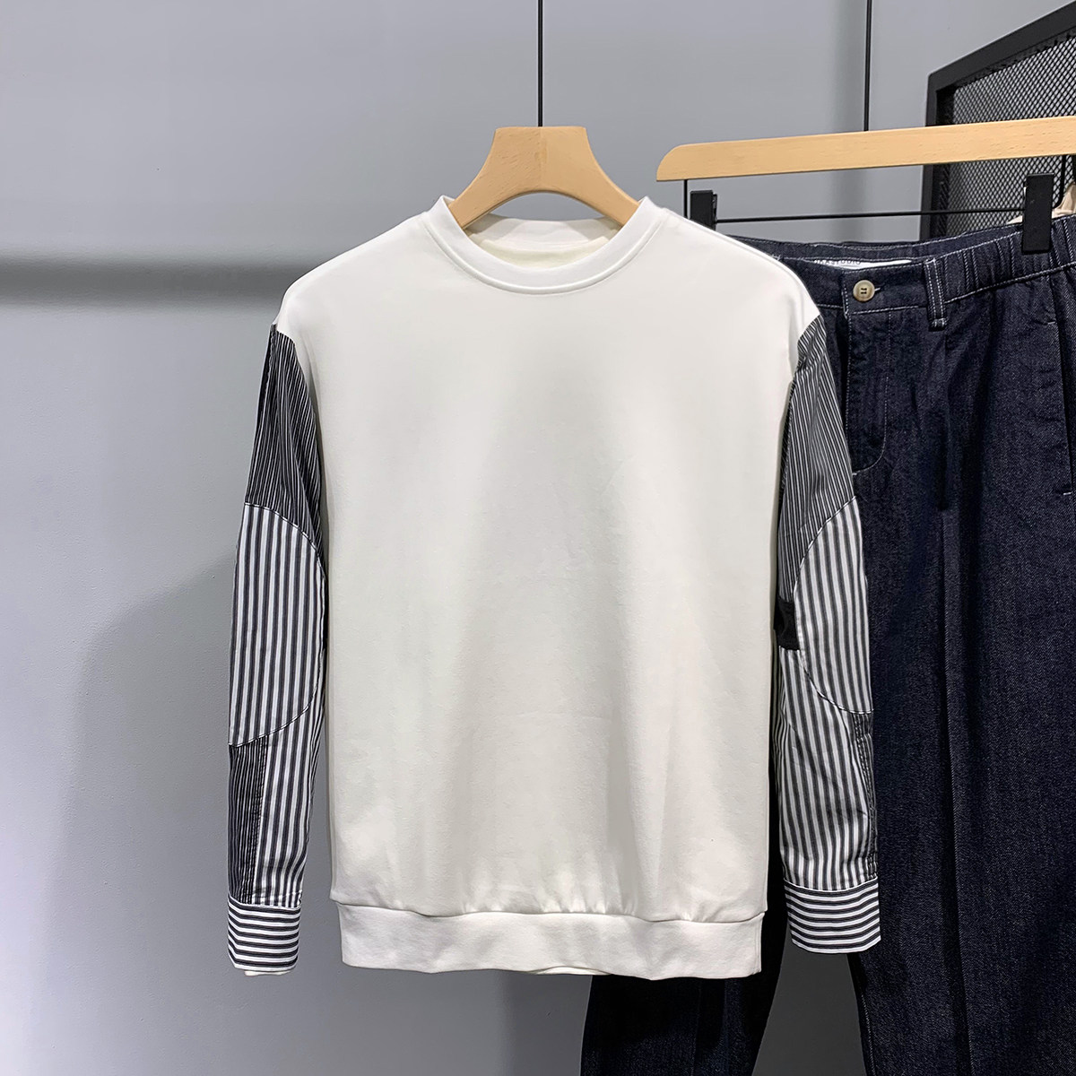 Tide Cards Fall Fake Two Jerseys Male Trend Splicing Striped Shirt Long Sleeve Jacket Male Casual Round Collar Inner Lap