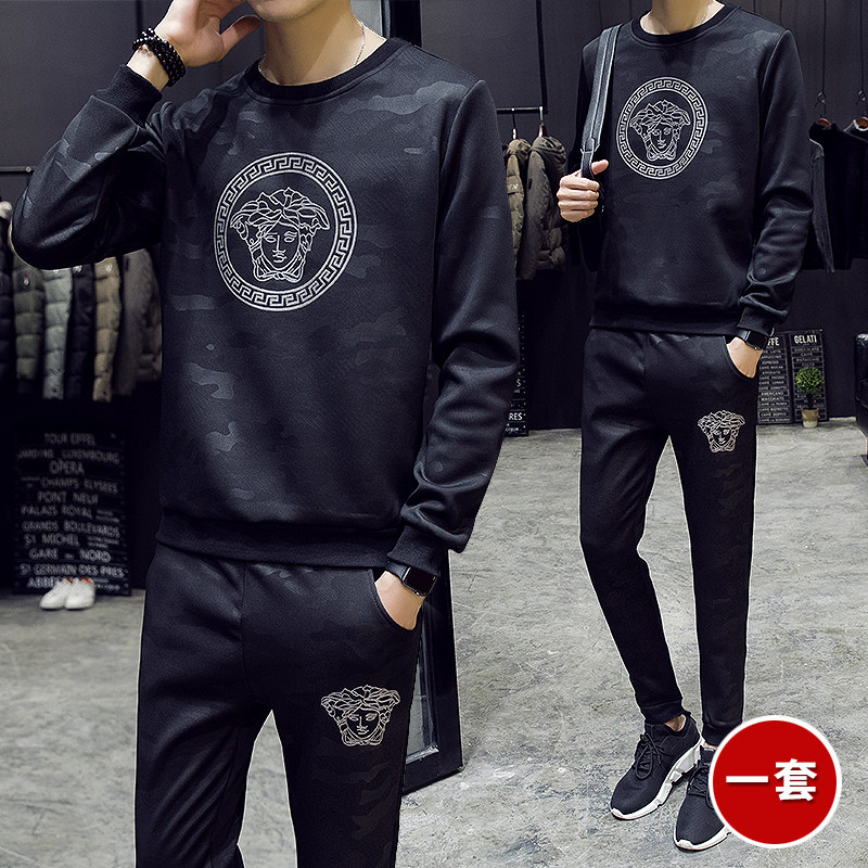 Tide-card Summer men's round thick cotton T suit 2021 new short sleeves T-shirt Two sets of handsome young man jersey