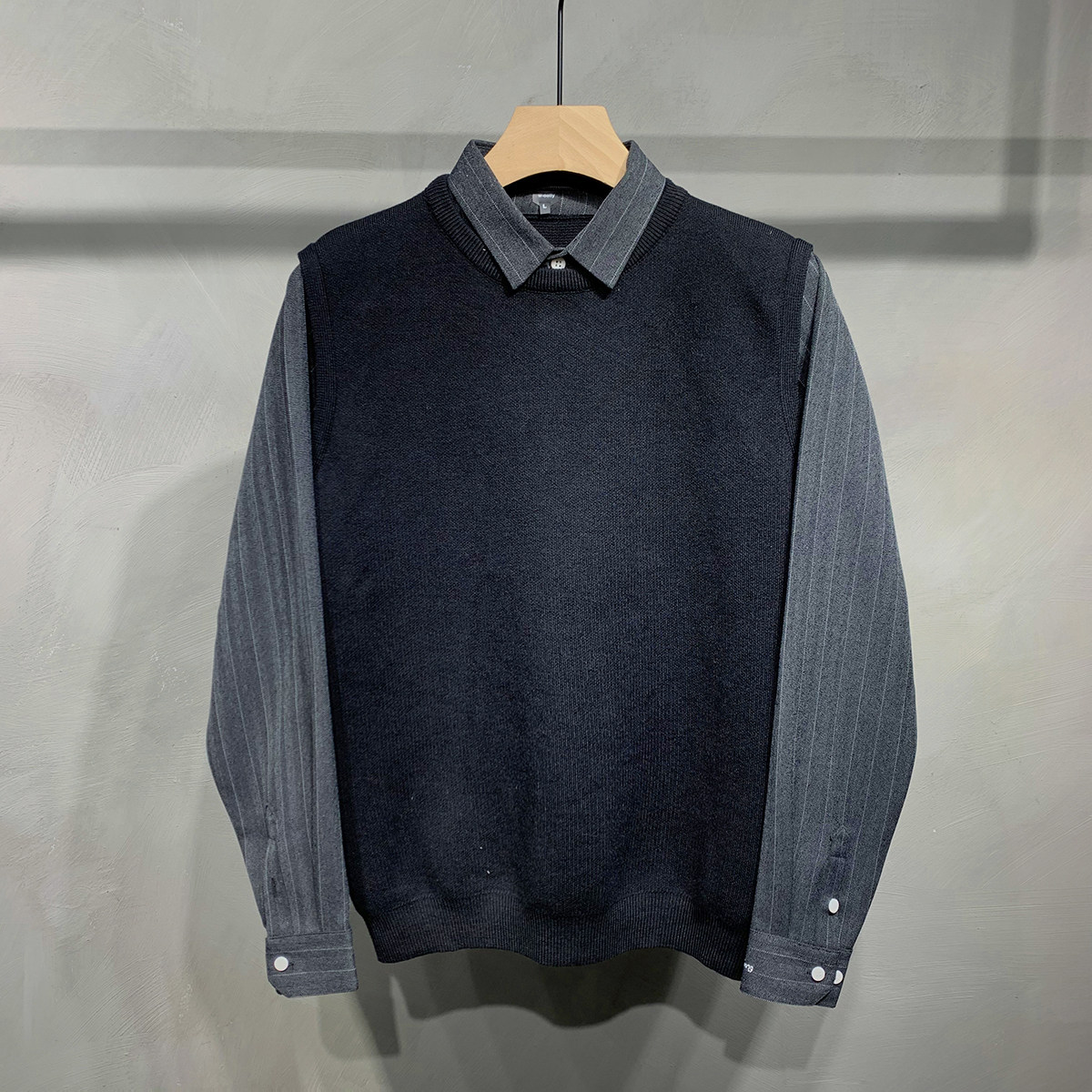 Tide brand autumn and winter fake two-piece sweater men's striped shirt collar slim fit plus velvet padded top Korean style splicing bottoming shirt