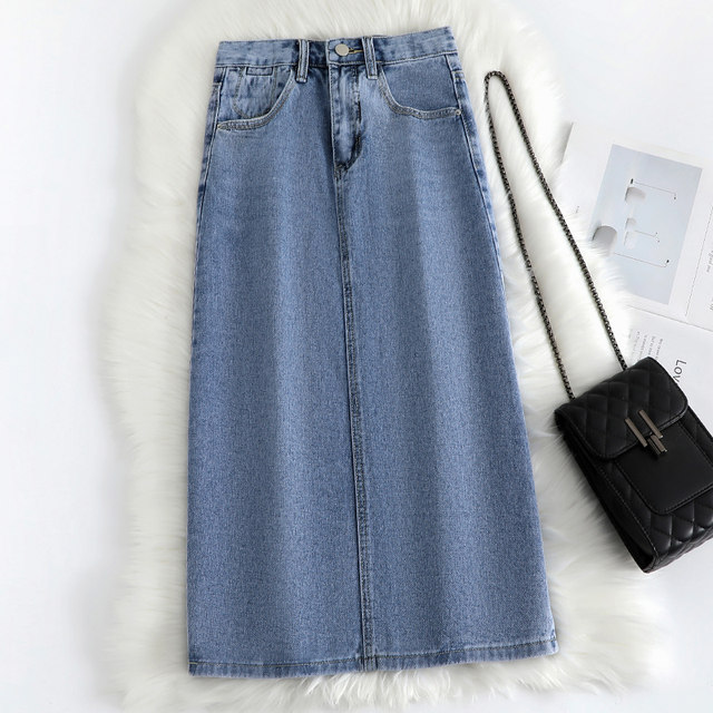 Slit denim skirt women's summer cover crotch look thin and small all-match straight high waist a-line skirt over the knee mid-length