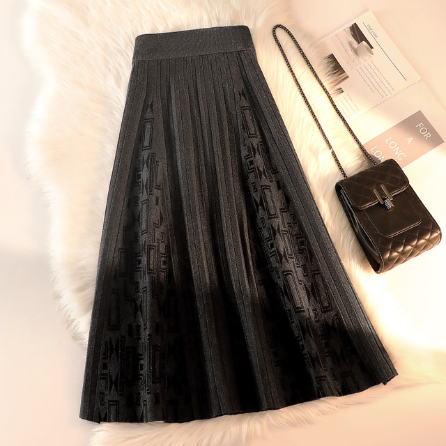 Knitted skirt women's autumn and winter new French skirt high waist slim pleated skirt mid-length a-line big swing umbrella skirt