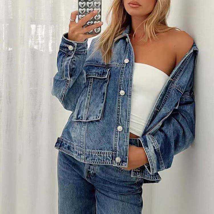 Australian Princess Polly Women's Versatile Retro Washed Blue Casual Loose Denim Jacket Top