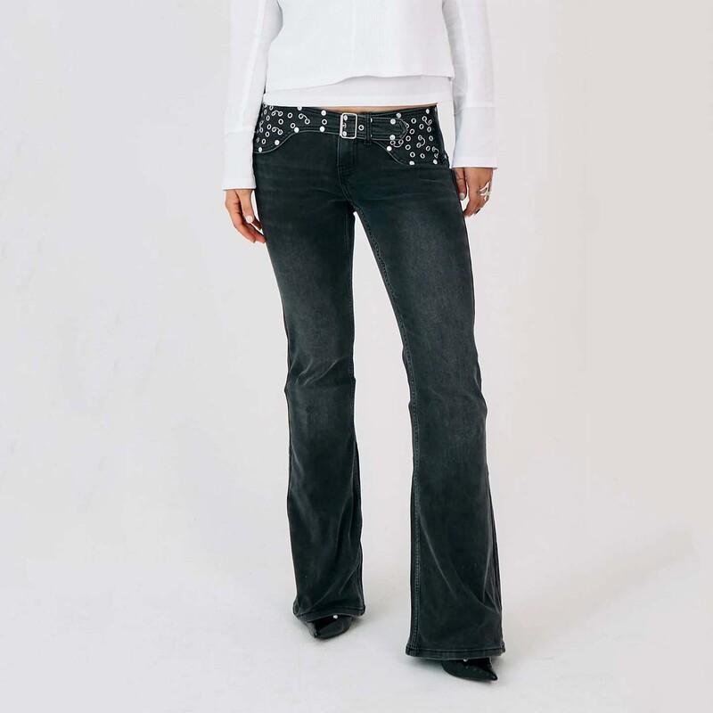 Theragagedries* Low-Waisted Rivet-Decorated Flared Jeans Dark Gray Slimming Long Pants Punk Style Bootcut Pants