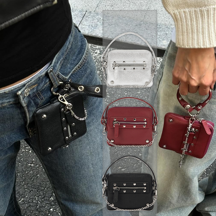 Korean Deine* Mini Card Holder Motorcycle Rivet Chain Crossbody Satchel Small Square Bag Wallet Niche Fashion Hanging Bag