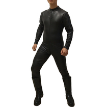 Mens Long Zipper Patent Leather one-piece wrestling Suit Full body one-piece leather drama costume