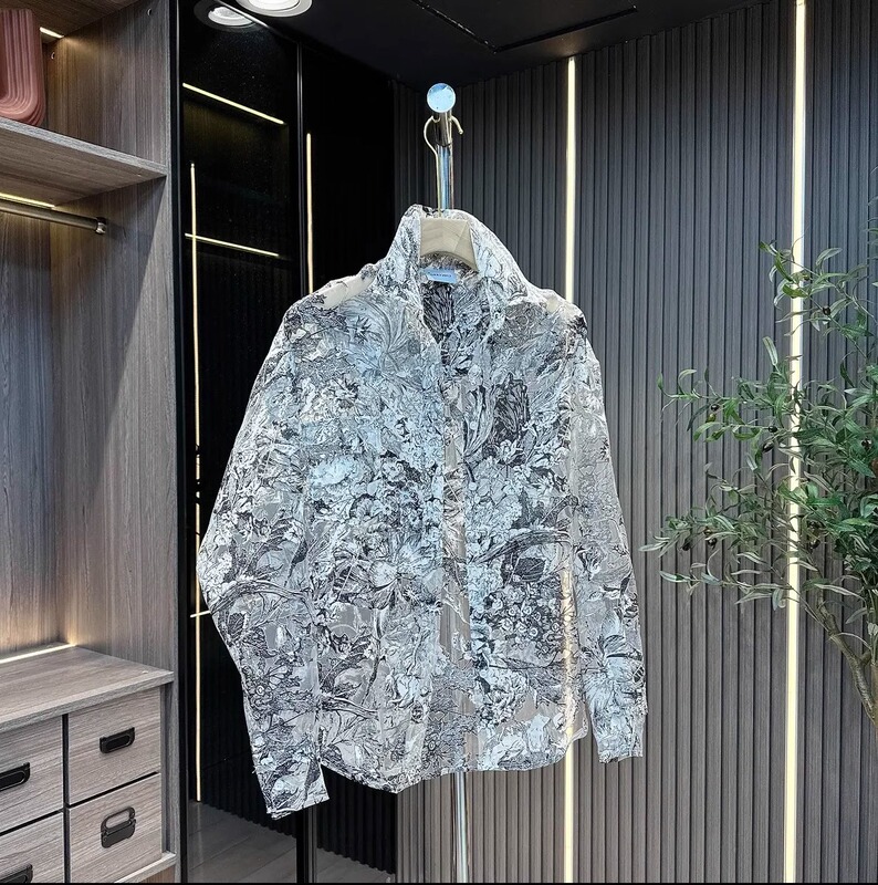 Summer Mesh Hollow-Out Shirt, Elegant, Lightweight, Breathable, Sun-Protective Shirt, Lace Men's Floral Loose Long-Sleeved Lapel Jacket