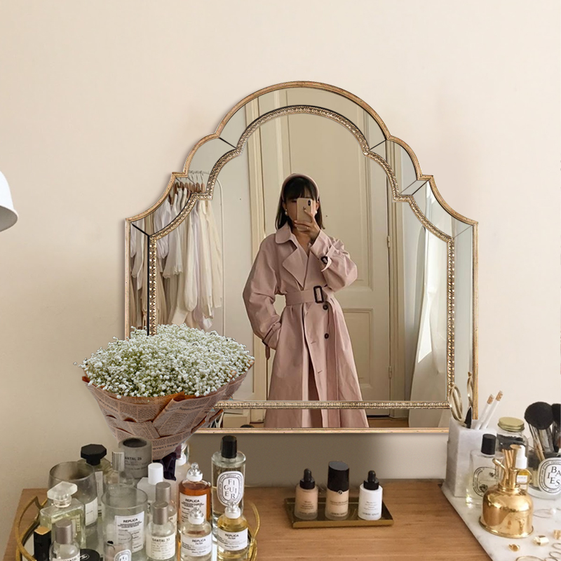 Net red hanging wall dresser mirror Nordic makeup mirror home bedroom wall hanging large mirror custom size retro light luxury