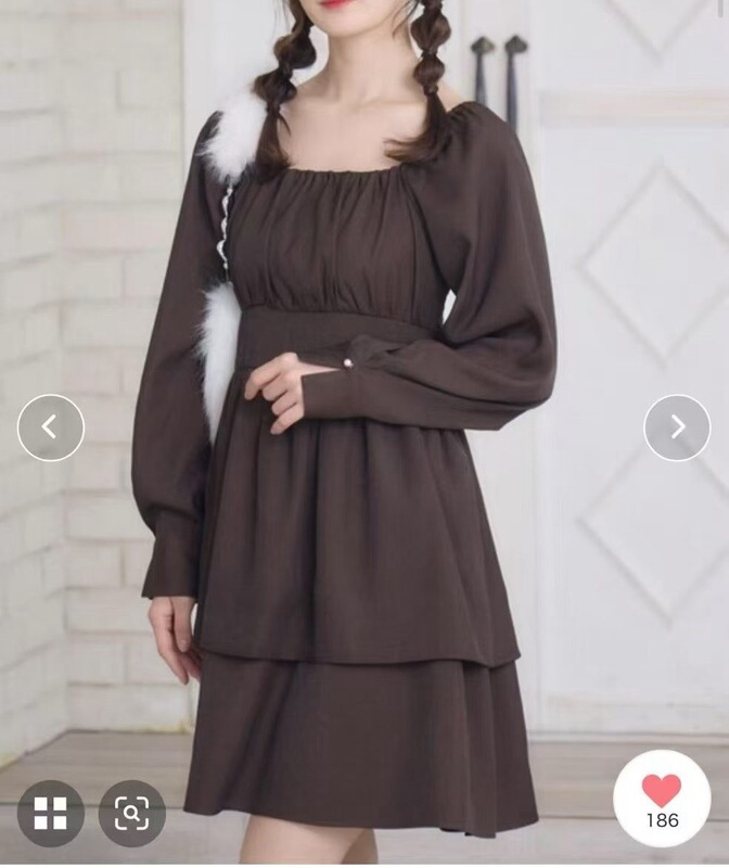 Ybdw Sweet Double Layer Cake Elastic Square Neck Two-Way Wear Off-Shoulder Long Sleeve Dress with Pearl Cuffs