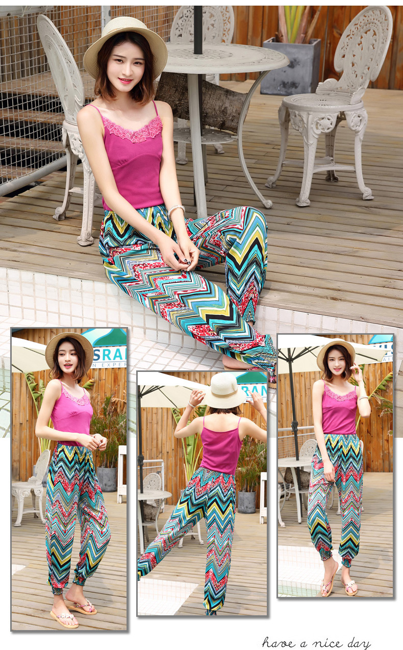 Xia Bo Xi Mei bên bờ biển kỳ nghỉ cotton lụa bãi biển quần nữ quần nhân tạo cotton quần harem lụa chín điểm cây ra hoa quần dài